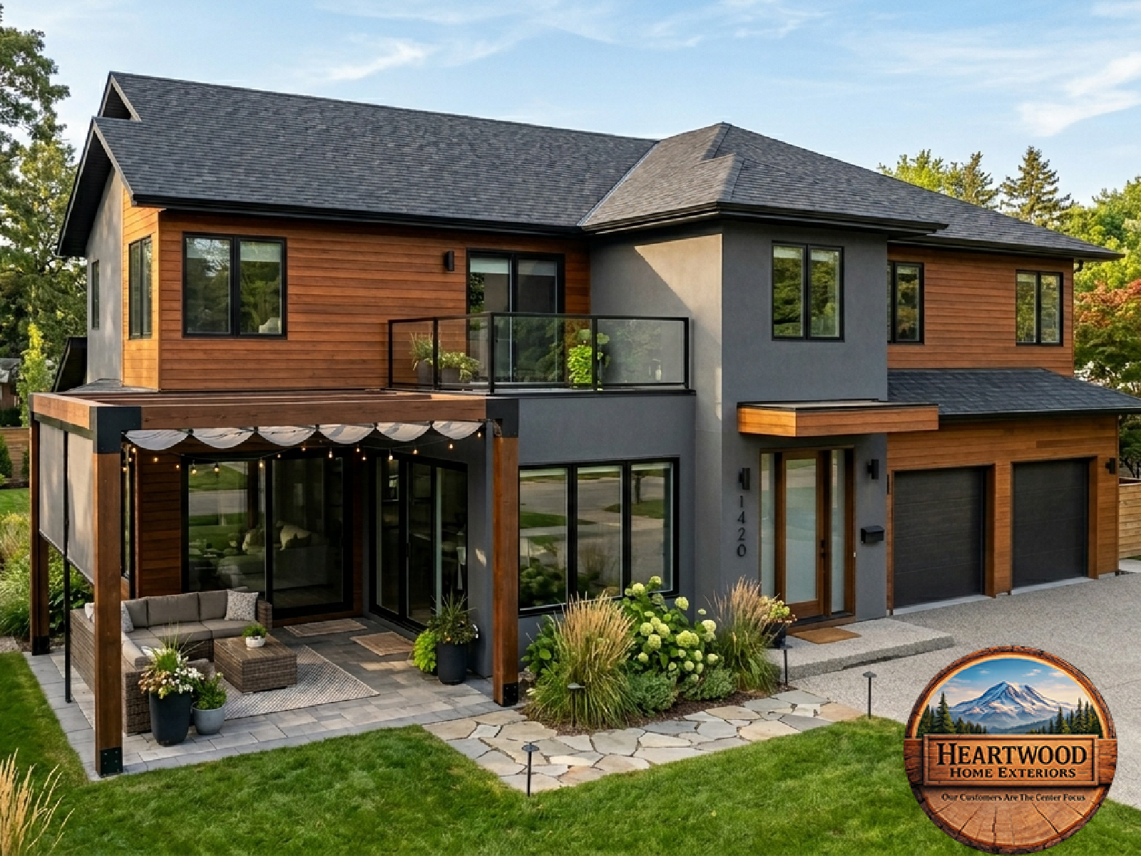 Modern home exterior with natural wood look siding inspiration